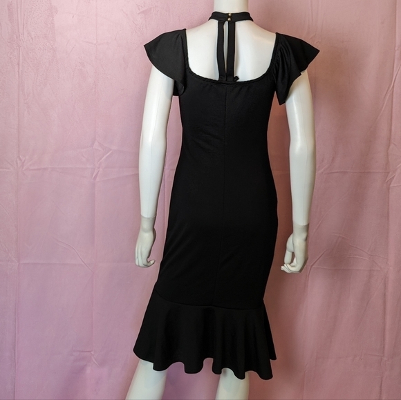 Black Ruffle Hem Short Sleeve Choker Sweetheart Neckline Classic Midi Dress M - Picture 4 of 8